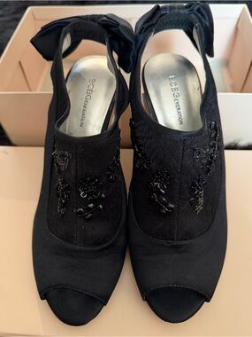 BCBGeneration Black Beaded Peep-Toe Slingback Heels